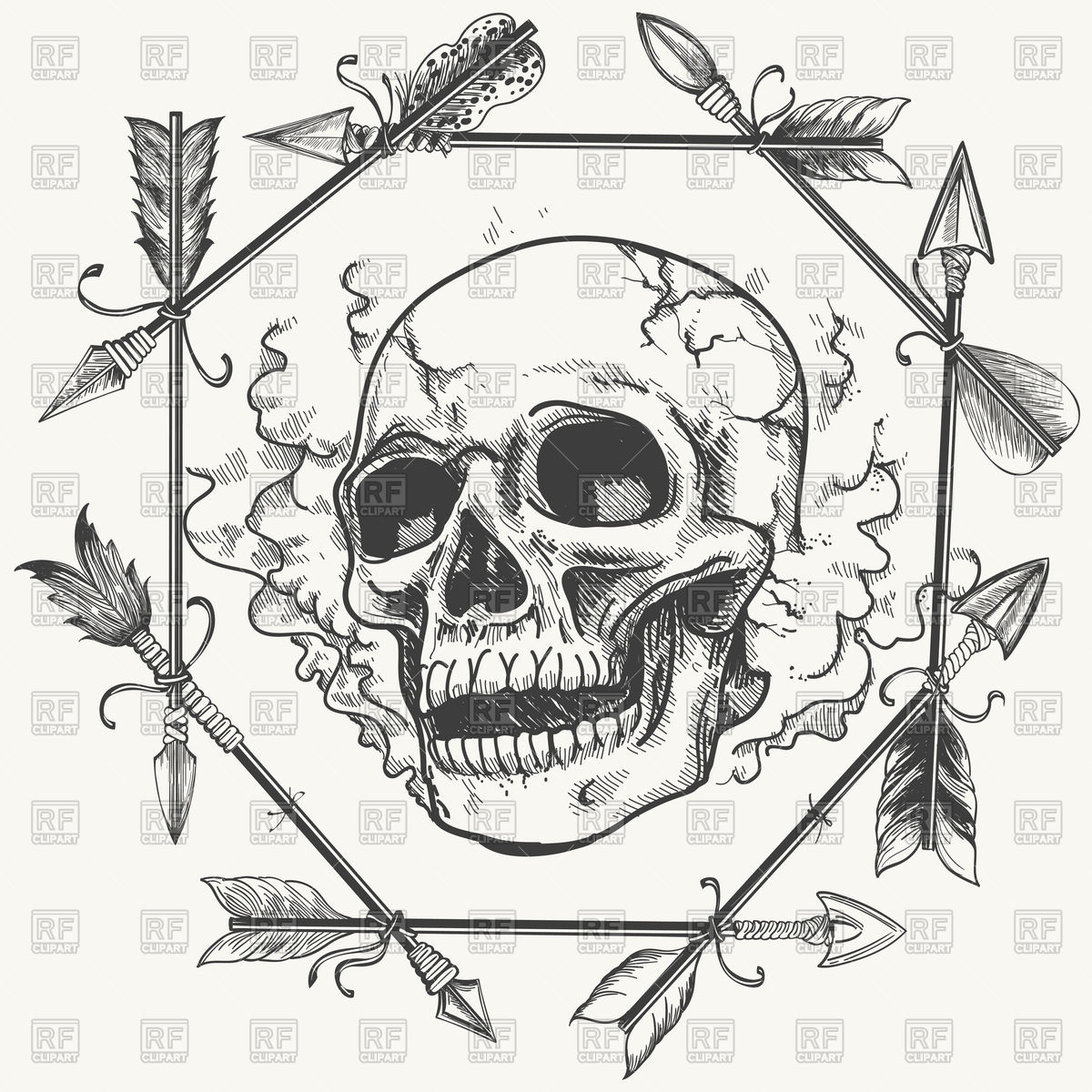 1200x1200 Sketch Of Skull And Feather Arrows Frame Vector Image Vector - Sketch Frame