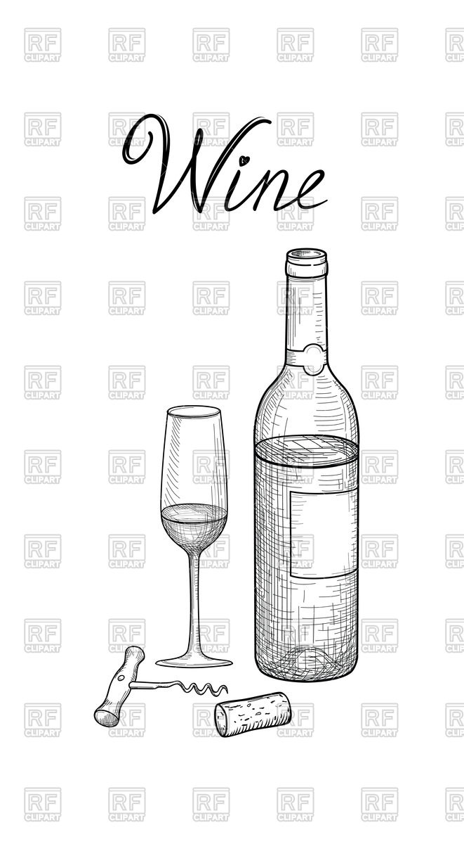 661x1200 Wine Glass, Bottle, Corkscrew, Wine Stopper, Lettering. Vineyard - Sketch Glass