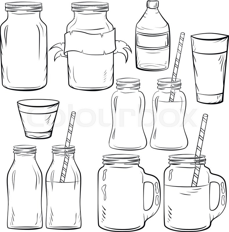 789x800 Glass Bottles Sketches Set For Smoothie And Milk, Yogurt And Fresh - Sketch Glass