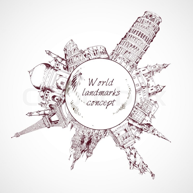 800x800 World Landmark Sketch Concept Of Famous Buildings Around The Globe - Sketch Globe