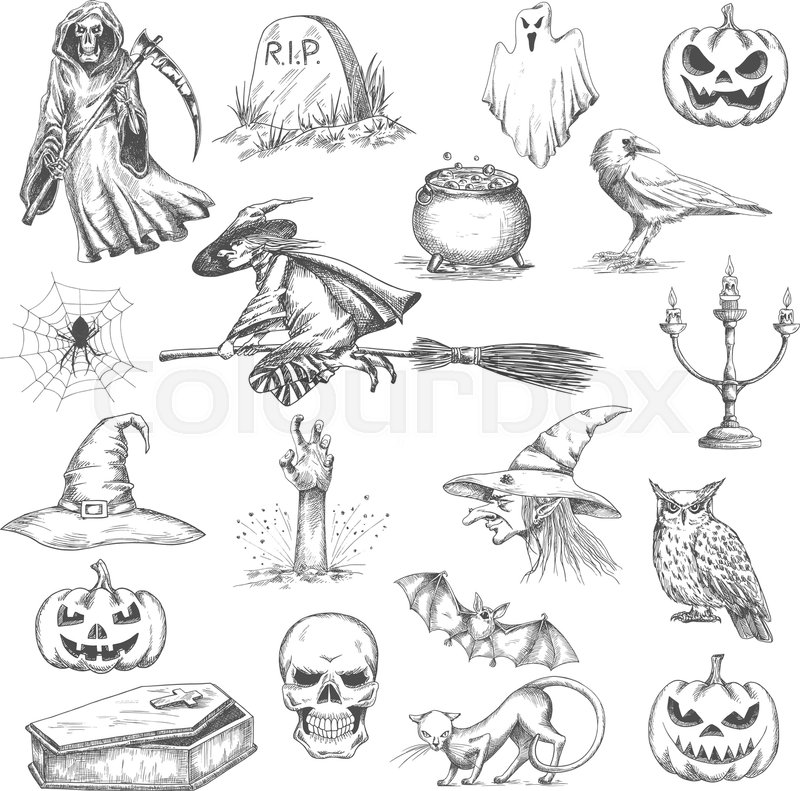 800x791 Halloween Pencil Sketch Decorative Icons. Vector Isolated Design - Sketch Halloween