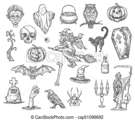 450x400 Halloween Witch Monsters Vector Sketch Icons Set. Halloween - Sketch Halloween