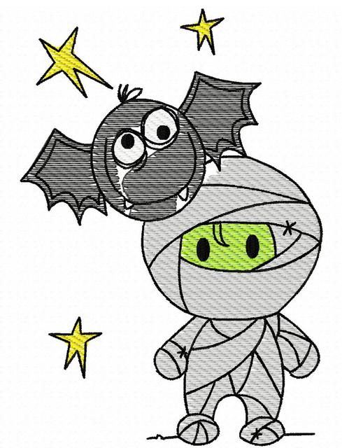 489x640 Mummy With Bat Sketch Embroidery Design - Sketch Halloween