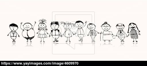 512x229 Happy Big Family Smiling Together, Drawing Sketch Vector - Sketch Happy