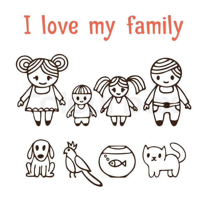 800x800 I Love My Family. Happy Family With Two Children In Cartoon Style - Sketch Happy