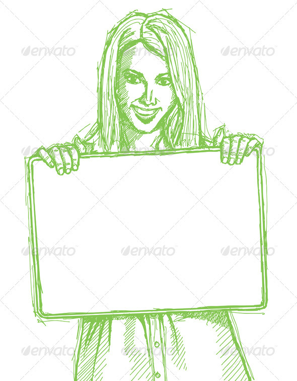 590x755 Sketch Happy Business Woman Holding Blank Card By Leedsn - Sketch Happy
