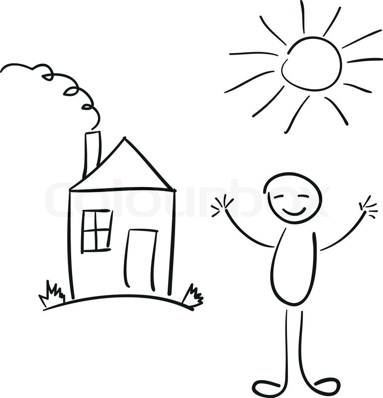 770x800 Vector Sketch Of The Happy Man House And Sun Stock Vector - Sketch Happy