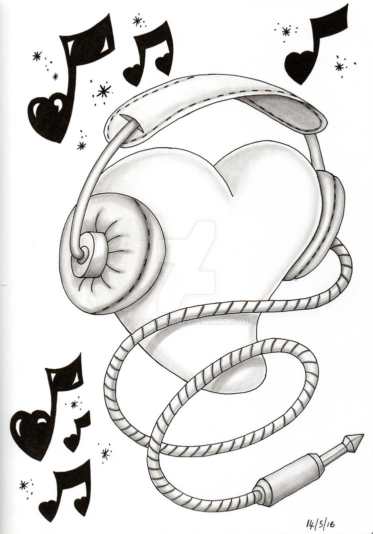 747x1069 Musical Heart Headphones 001 Pencil Pen Sketch By Ally Man On - Sketch Headphones