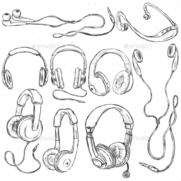 590x590 Vector Set Of Sketch Headphones By Nikiteev Graphicriver - Sketch Headphones