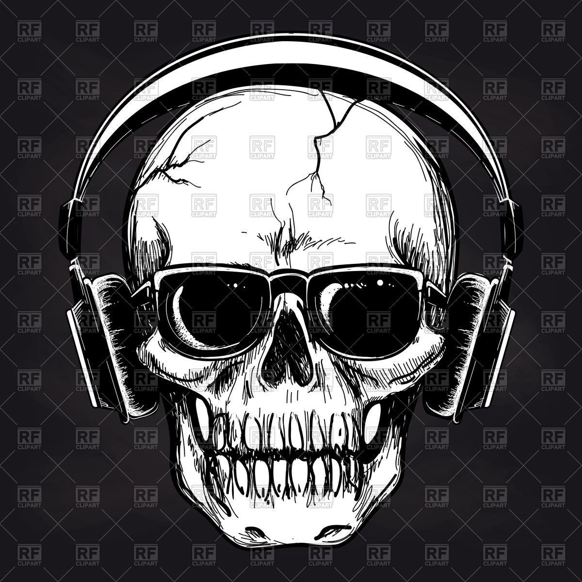 1200x1200 Black And White Sketch Of Skull And Headphones Vector Image - Sketch Headphones
