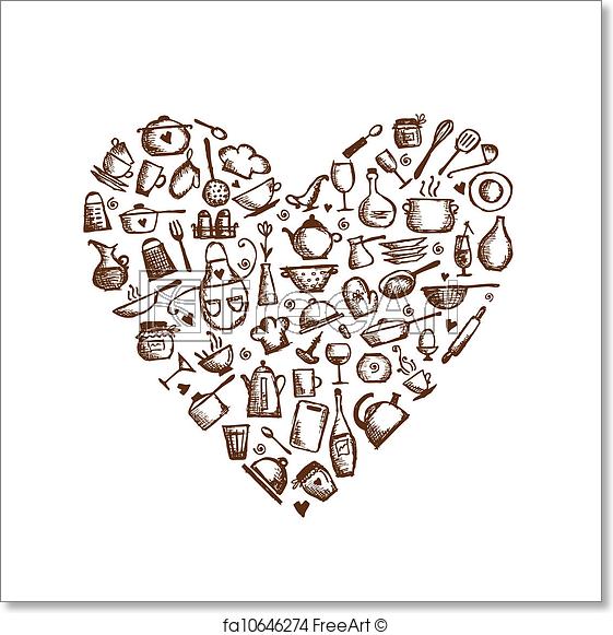 561x581 Free Art Print Of I Love Cooking! Kitchen Utensils Sketch, Heart - Sketch Heart