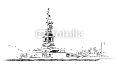 400x230 Hand Drawn Sketch Of New York City Skyline Cityscape With Statue - Sketch Hudson Ny