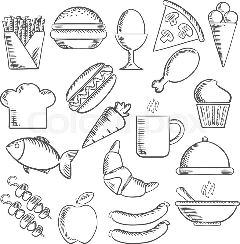 786x800 Food, Snacks And Drinks Sketch Icons With Pizza, Sausages, Burger - Sketch In French