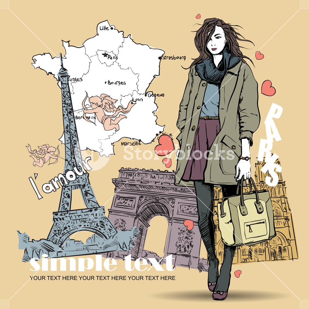 1000x1000 Lovely Winter Girl In Sketch Style On A French Background. Vector - Sketch In French