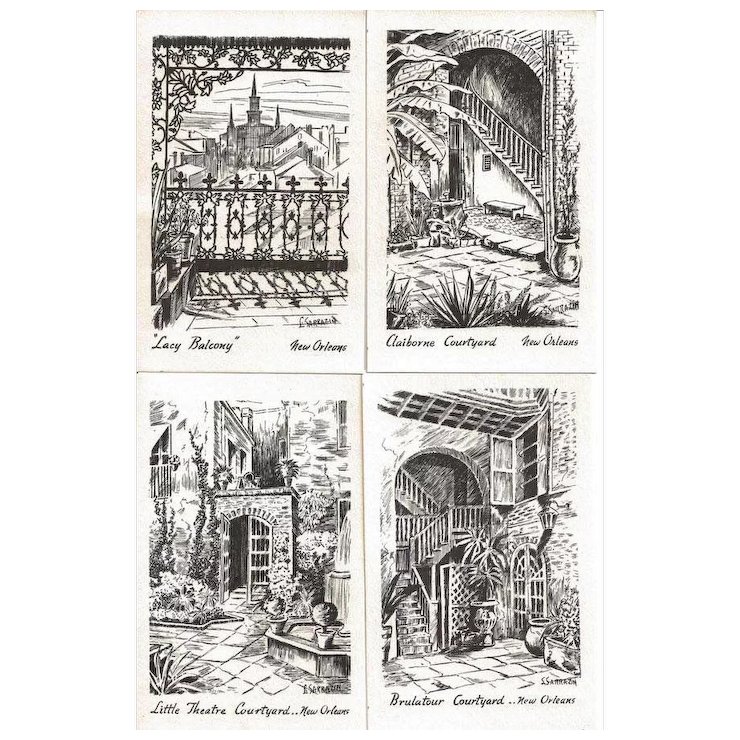 740x740 Postcard Sketches Of French Quarter New Orleans Antique Ables - Sketch In French