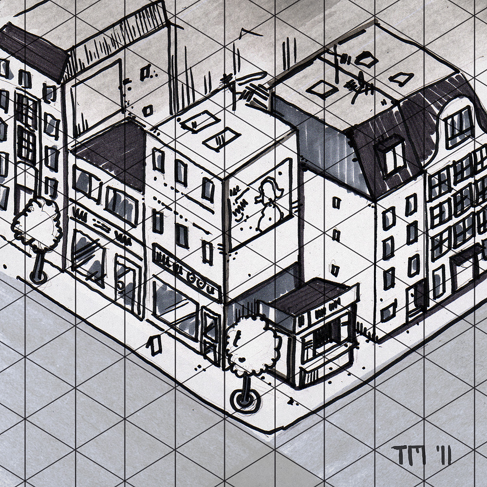 1000x1000 Example Of Isometric Projection Sketch (Town Street) - Sketch Isometric