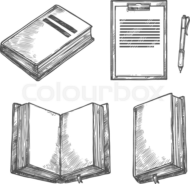 800x775 Book, Notebook, Pen And Clipboard Sketch Set. Open Book With Empty - Sketch It Clipboard