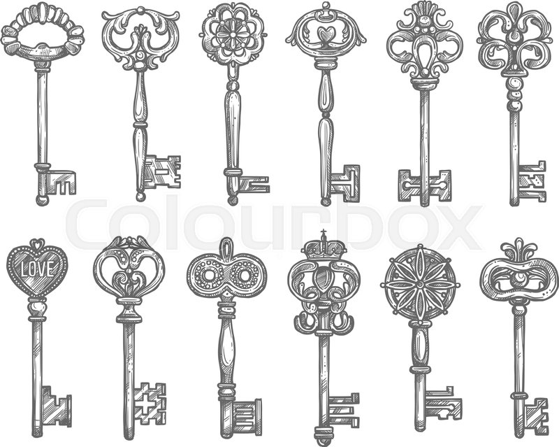 800x639 Old Vintage Key And Antique Skeleton Key Sketch Set. Door Key With - Sketch Key