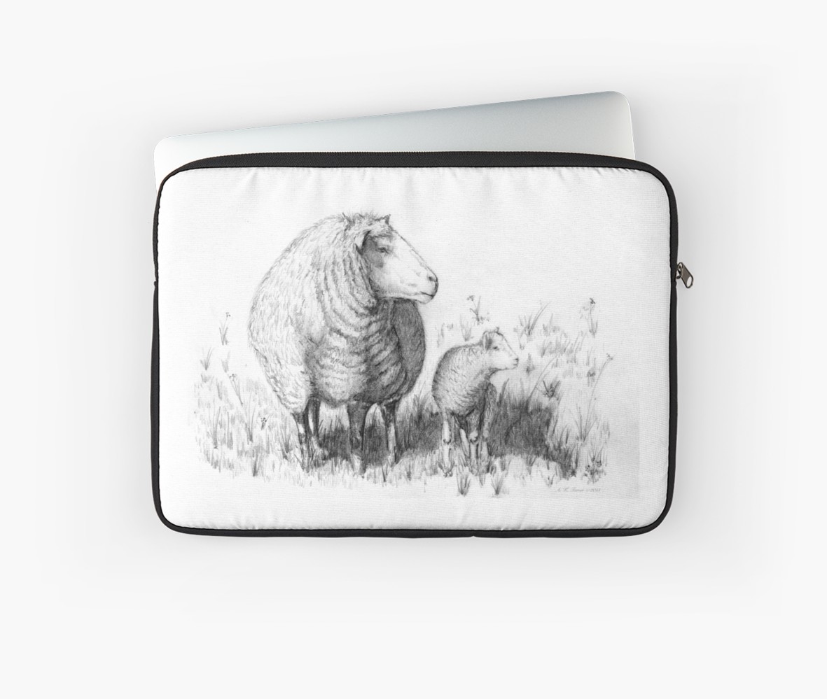 1181x999 Mother Sheep Amp Lamb Pencil Drawing Sketch Laptop Sleeves By - Sketch Laptop
