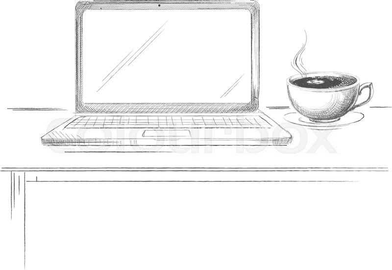 800x551 Hand Drawn Laptop With Coffee Sketch On Table Isolated Stock - Sketch Laptop