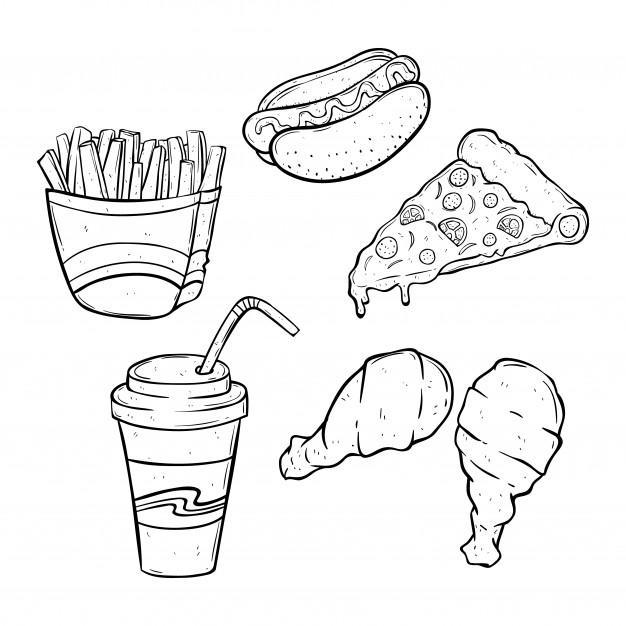 626x626 Set Of Black And White Lunch With Junk Food Or Fast Food Using - Sketch Lunch