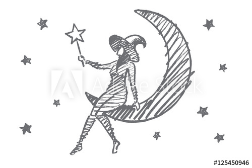 500x334 Vector Hand Drawn Halloween Magic Girl Concept Sketch. Halloween - Sketch Magic Wand