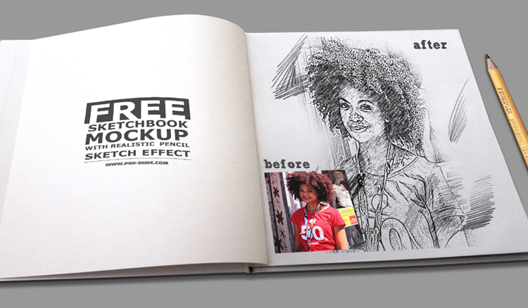 750x438 Sketchbook Mockup With Realistic Pencil Sketch Photoshop Effect - Sketch Mockup Free