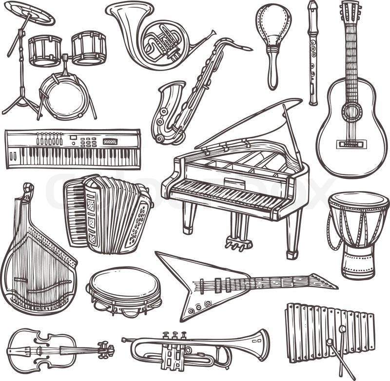 800x782 Music Instruments Sketch Icon Set With Drum Violin Guitar Isolated - Sketch Music