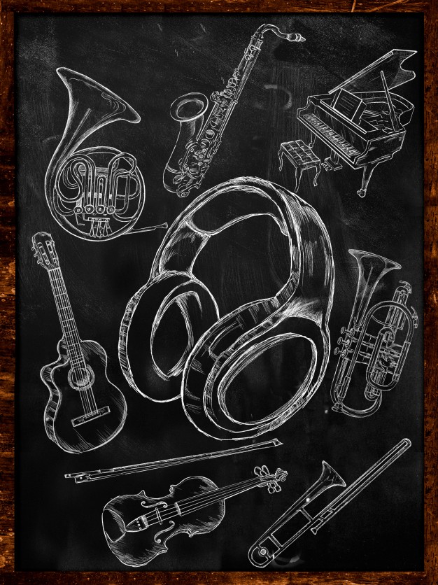 626x836 Headphone Sketch Music Instruments On Blackboard Photo Free Download - Sketch Music