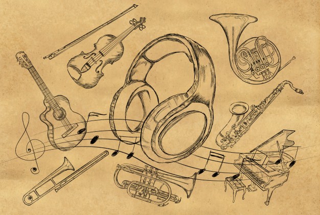 626x421 Headphone Sketch Music Instruments On Brown Paper Photo Free - Sketch Music