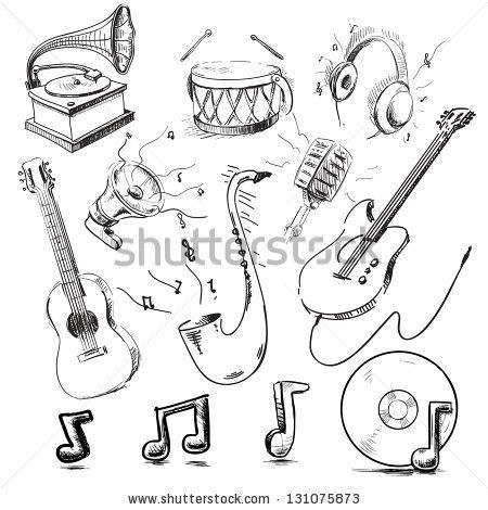450x470 Musical Instruments And Icons Collection. Hand Drawing Sketch - Sketch Musical