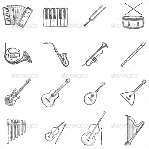 590x590 Set Of Sketch Musical Instruments Icons By Nikiteev Graphicriver - Sketch Musical