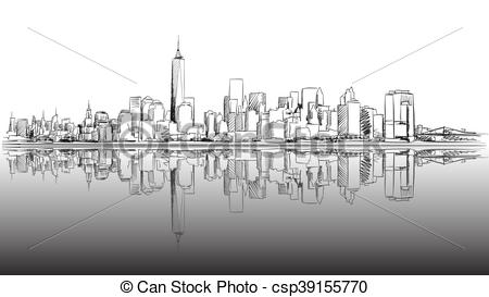 450x273 New York City Outline Sketch With Dark Footer, Hand Drawn Vector - Sketch New York Skyline