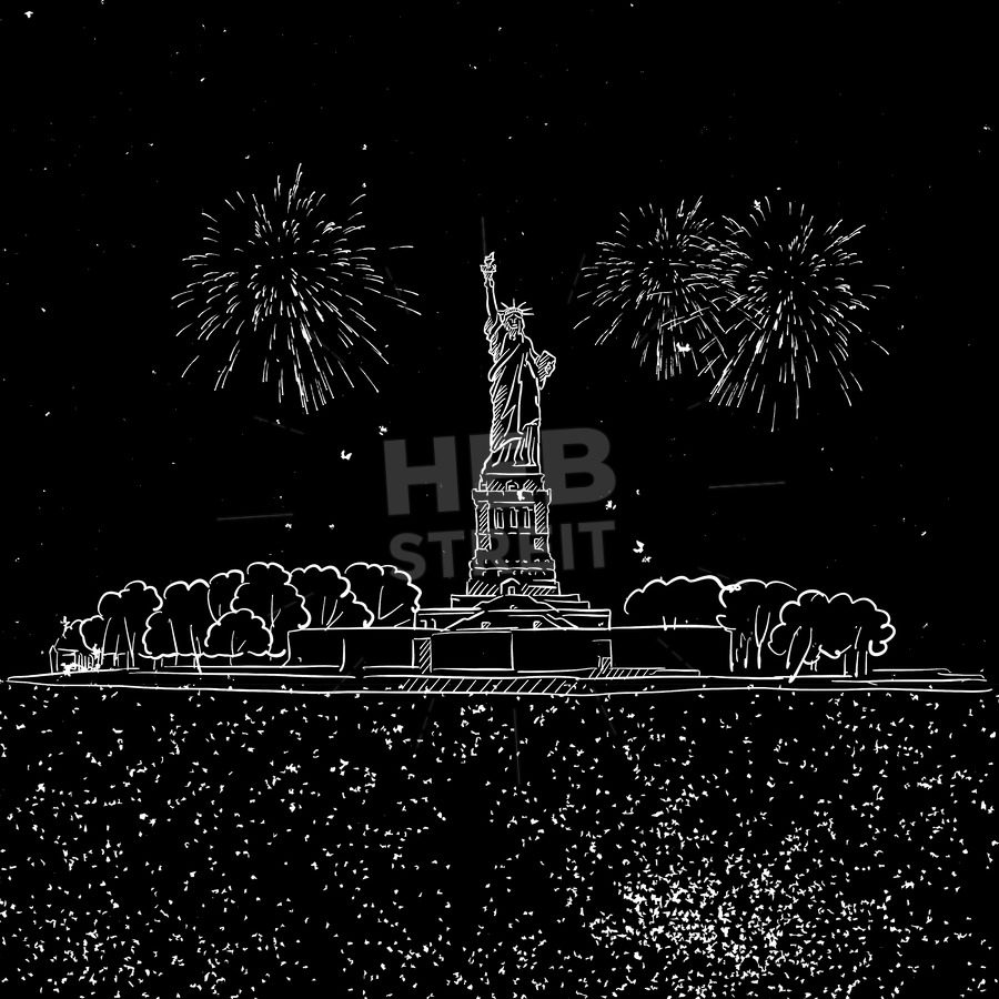 900x900 Lady Liberty By Night With Firework Sketch Hebstreits - Sketch Night