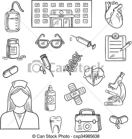 446x470 Hospital And Medicine Sketch Objects. Medical Sketched Icons Of - Sketch Objects