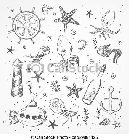 435x470 Set Of Sea Sketch Objects. Vector Illustration. - Sketch Objects