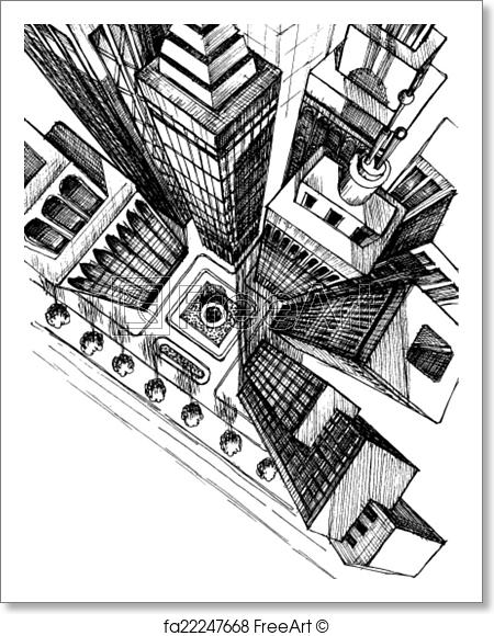 450x580 Free Art Print Of Top View Of A City Skyscrapers Drawing, Aerial - Sketch Of A City