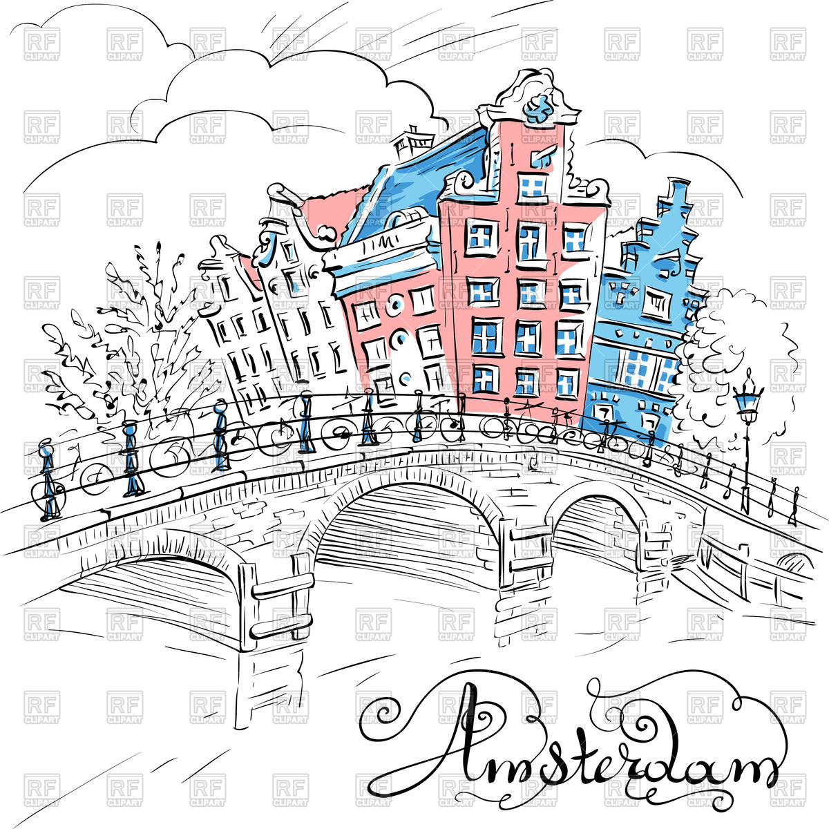 1200x1200 City Sketch Of Amsterdam Canal, Bridge And Typical Houses - Sketch Of A City