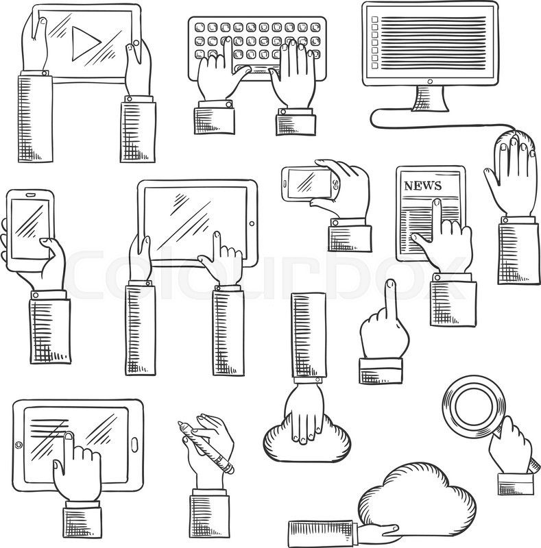 789x800 Digital Devices And Web Technology Icons With Human Hands Working - Sketch Of A Computer Keyboard