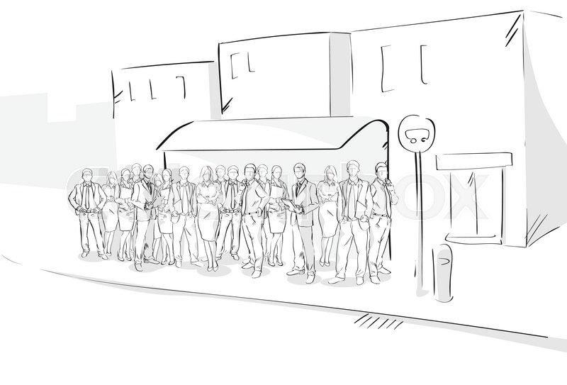 800x543 Sketch People Crowd Street Bus Station Hand Drawn Outdoors Vector - Sketch Of A Crowd