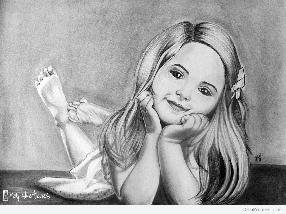 960x718 Pencil Sketch Of Cute Little Girl - Sketch Of A Little Girl