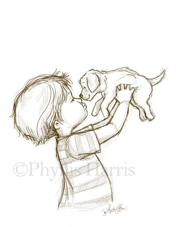 570x738 Sketch Illustration Of A Puppy And Little Boy Or Little Girl - Sketch Of A Little Girl