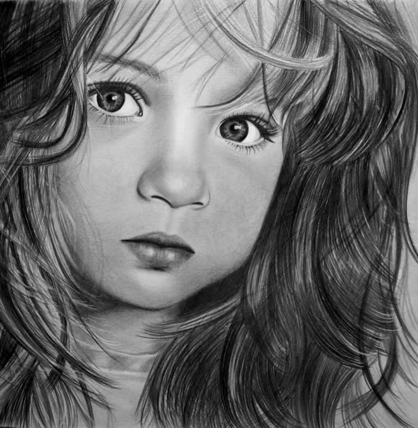 600x615 50 Ultra Realistic Children Portrait Drawings Photoshop And - Sketch Of A Little Girl