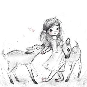 290x290 Sketch Of A Little Girl And Deer. Kreativ Sketches - Sketch Of A Little Girl