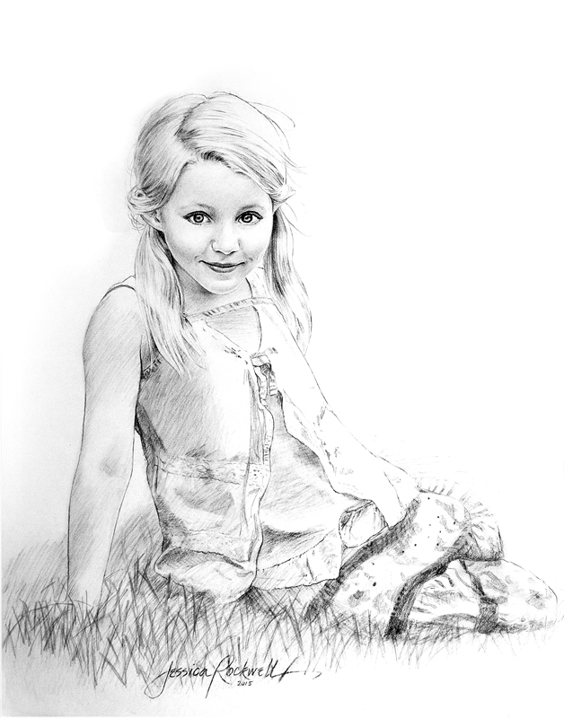 628x800 Charcoal Portrait Drawing Of Girl On Grass - Sketch Of A Little Girl