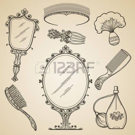 450x450 Hand Drawn Vintage Beauty And Retro Makeup Items. Fashion Doodle - Sketch Of A Mirror