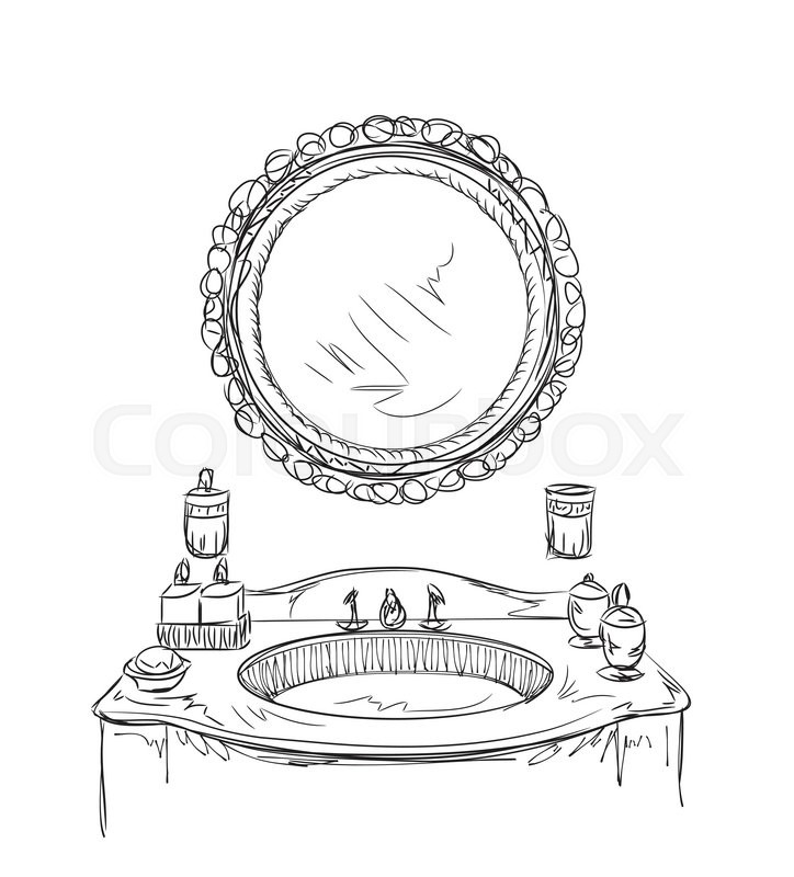724x800 Bathroom Interior Elements. Hand Drawn Mirror Sketch. Stock - Sketch Of A Mirror
