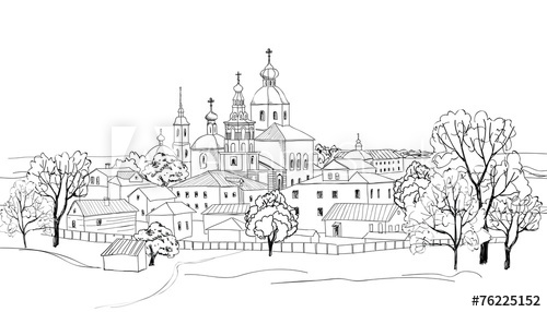 500x286 Old Russian City. Sketch Of View Of Suzdal Town. Russia - Sketch Of A Town