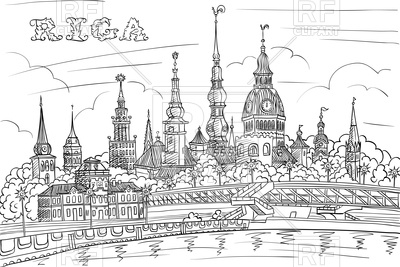 400x267 Black And White Hand Drawing, Sketch Of Old Town And River Daugava - Sketch Of A Town
