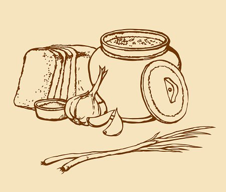 451x382 Vector Sketch Of Ukrainian Warm Soup, U200bu200bbread, Garlic, Onion - Sketch Of Bread